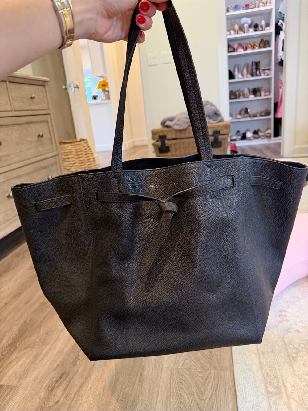 Celine Black Pebbled Leather Tote with Front Tie